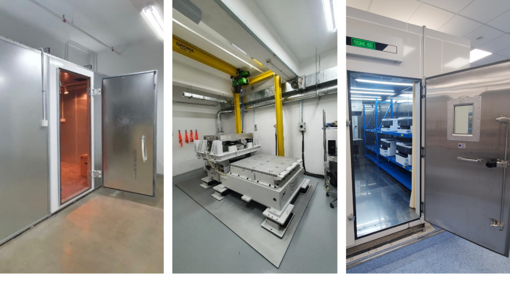 Examples of EveryIT marketing claims validation test lab equipment including: WiFi walk-in chamber, vibration machine, and climatic walk-in chamber